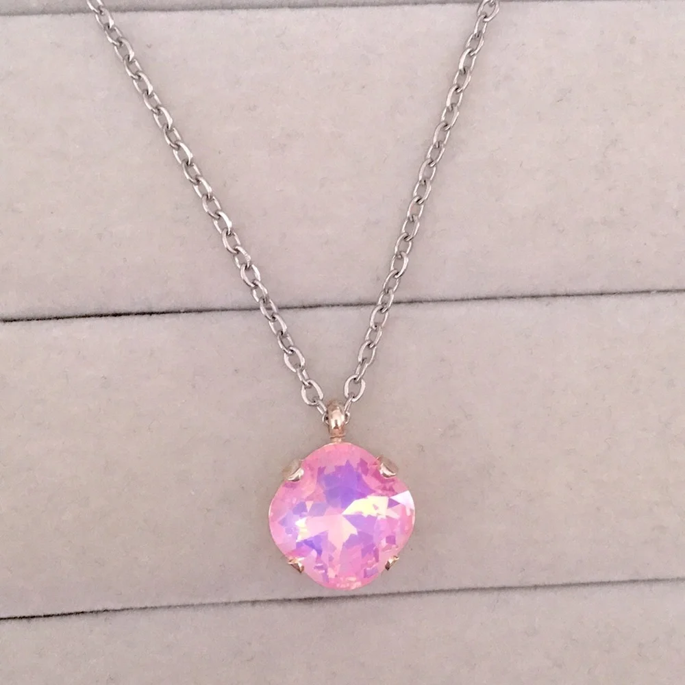 Pink Opal Aurora Borealis + Silver Cushion Cut Crystal Drop Pendant Necklace - Picture 1 of 7